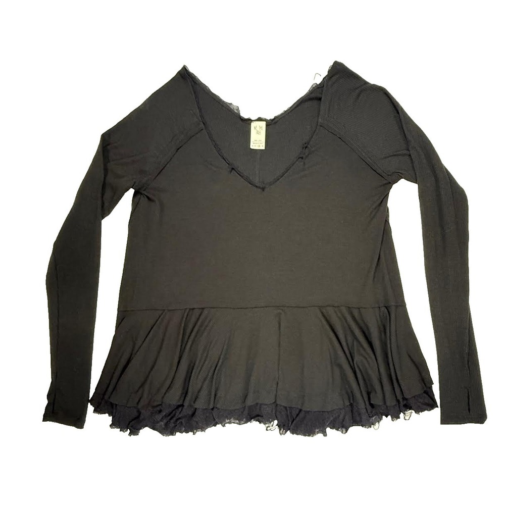 Free People We The Free Black Deep V Neck Peplum Blouse Top Womens Size Medium